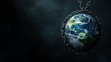 This striking image showcases Earth trapped in heavy chains, representing the pressing environmental issues and the urgent need for action towards sustainability and freedom for our planet.の素材