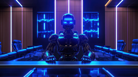 A striking image of a robotic entity in a modern boardroom, bathed in blue light and showcasing the concept of technology-driven discussions and futuristic advancements.の素材