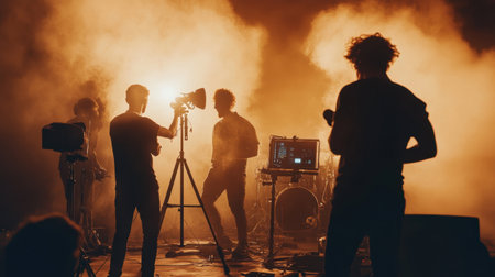 A creative team engages in capturing a musical performance with dramatic lighting and fog, highlighting the energy and atmosphere of the moment in a dynamic studio setting.の素材