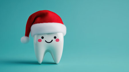 A cheerful cartoon tooth wearing a Santa hat against a bright blue background, ideal for festive dental promotions and Christmas-themed health education materials.の素材