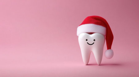 Playful tooth character adorned with a Santa hat, set against a soft pink backdrop, brings festive cheer for holiday marketing and dental health awareness campaigns.の素材