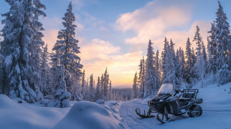 Captivating snowy landscape featuring a snowmobile amid majestic pines. Witness the serene beauty of winter at dusk, perfect for adventure and exploration.の素材
