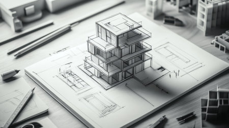 A detailed architectural sketch showcasing a modern multi-story building design on a drafting table, surrounded by essential design tools reflecting the creative process and innovation in architecture.の素材