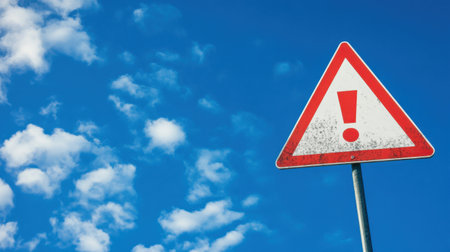 An eye-catching caution sign features a prominent exclamation mark set against a bright blue sky with fluffy clouds, symbolizing alertness and awareness in both urban and rural environments.の素材