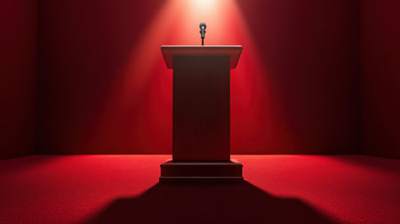 A solitary podium with a microphone sits under a spotlight in a rich red environment, creating a compelling visual suitable for themes of public speaking and events.の素材