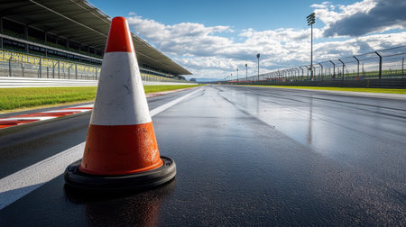 A lone traffic cone stands on a wet racing track, reflecting the vibrant sky above. This image captures the spirit of motorsport and essential safety measures in an outdoor environment.の素材
