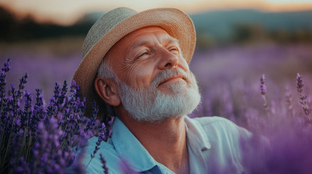 A joyful elderly man finds tranquility in a lavender field during sunset, capturing the essence of peace and connection with nature through vibrant purple blooms.の素材