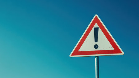 A striking warning sign featuring a bold exclamation point against a clear blue sky, symbolizing danger and safety awareness for various outdoor settings.の素材