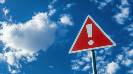 A striking red warning sign is displayed against a bright blue sky filled with fluffy white clouds, capturing attention and emphasizing caution in any setting.の素材