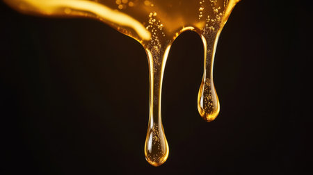 Vivid close-up of honey dripping from a spoon, showcasing the rich golden hue and reflective qualities against a dark backdrop, ideal for food and health themes.の素材