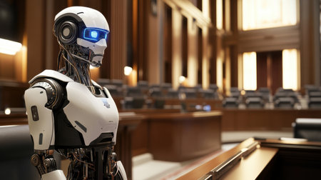 A sleek robot stands in a modern courtroom, symbolizing the integration of technology in legal systems and the evolving role of artificial intelligence in justice.の素材
