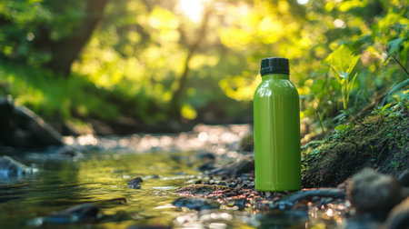A bright green water bottle stands at the edge of a clear stream, surrounded by vibrant foliage and warm sunlight, capturing the essence of outdoor adventure and refreshment.の素材