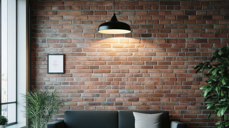 A modern living space featuring an exposed brick wall, sleek light fixture, and comfortable sofa accented with greenery, creating a cozy and inviting atmosphere.の素材