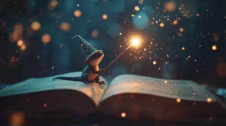 This captivating image features a small lizard in a wizard hat, casting spells with a wand over an open book, surrounded by glowing lights in a magical forest.の素材