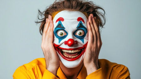 A vibrant and expressive clown displaying a joyful surprise gesture in a colorful costume, capturing the whimsical essence of performance and entertainment.の素材