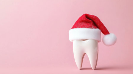 Adorable tooth wearing a Santa hat against a soft pink backdrop, ideal for promoting dental health during the festive season with a cheerful and whimsical touch.の素材