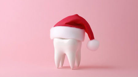 A whimsical image of a tooth adorned with a red Santa hat, set against a soft pink backdrop, ideal for promoting dental health during the festive season.の素材