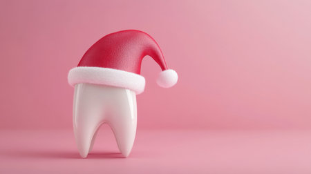 Charming image of a cartoon tooth adorned with a Santa hat, set against a soft pink background, ideal for festive dental health campaigns and holiday promotions.の素材