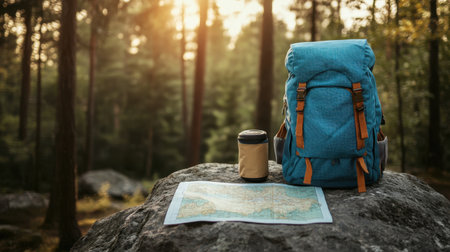 A vibrant blue backpack resting on a rock beside a detailed map, illuminated by warm sunset light in a serene forest setting, ideal for adventure seekers and travel enthusiasts.の素材