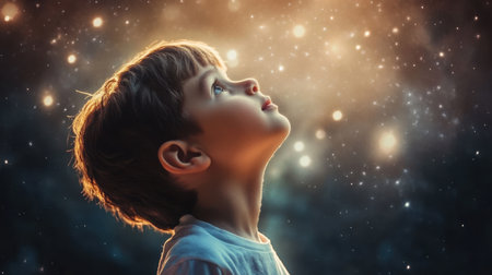 A young boy marvels at the night sky, captivated by shimmering stars and ethereal light. This image evokes feelings of wonder, imagination, and the beauty of childhood dreams.の素材