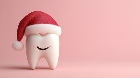 Adorable cartoon tooth character in a Santa hat against a soft pink background, perfect for promoting dental health during the holiday season and attracting young audiences.の素材