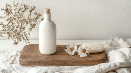 A serene display featuring a white bottle, elegant bar soap, and charming flowers on a wooden surface, creating a perfect atmosphere for relaxation and natural beauty.の素材