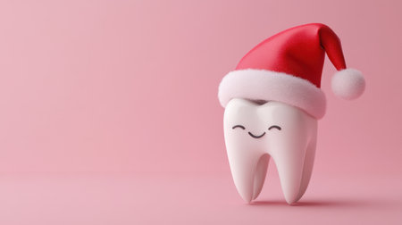 This charming illustration features a cute cartoon tooth character wearing a Santa hat, perfect for holiday dental campaigns and festive promotions aimed at children.の素材
