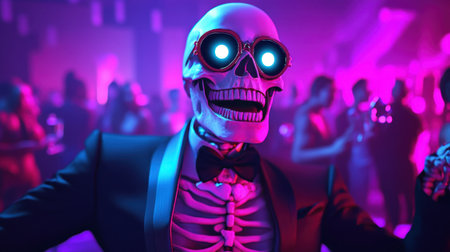 A lively skeleton in sunglasses stands out at a colorful party, embodying the spirit of Halloween festivities with an exciting atmosphere and joyful crowd.の素材