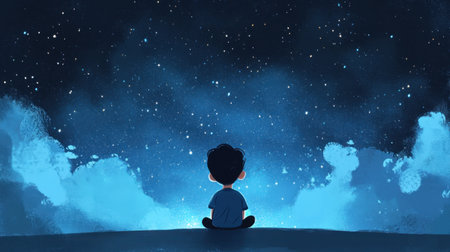 A young boy sits in solitude, looking up at a breathtaking star-filled night sky, enveloped in a peaceful blue ambiance, inviting dreams and imagination.の素材