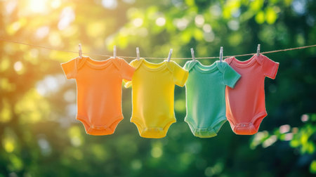 Delight in this vibrant scene of colorful baby onesies gently hanging on a clothesline, illuminated by warm sunlight in a lush garden, evoking joy and childhood innocence.の素材