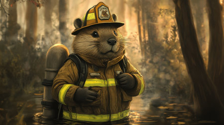 This charming illustration features a brave beaver dressed in firefighter gear, symbolizing dedication to wildlife safety and rescue in a peaceful forest setting.の素材