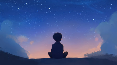 A young boy sits quietly, gazing up at a breathtaking starry sky at dusk, evoking feelings of tranquility, wonder, and the beauty of childhood imagination and dreams.の素材