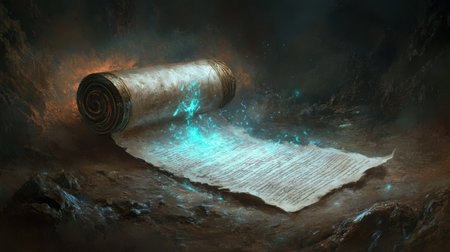 An ancient scroll unravels on a dark surface, emanating a mystical glow. Ethereal light surrounds it, creating a magical and mysterious atmosphere perfect for fantasy themes.の素材