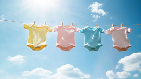 Adorable baby clothes hang on a line under a clear blue sky, radiating warmth and joy, ideal for themes of childhood, family, and carefree days outdoors.の素材