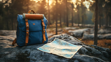 A beautiful blue backpack rests next to a map on a rock, surrounded by trees in a tranquil forest during golden hour, symbolizing adventure and exploration.の素材
