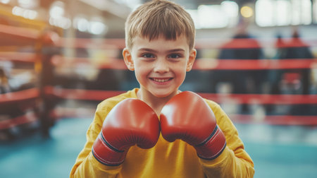 A cheerful young child stands confidently in boxing gloves within a vibrant training ring, embodying determination and enthusiasm for sports and physical activity.の素材