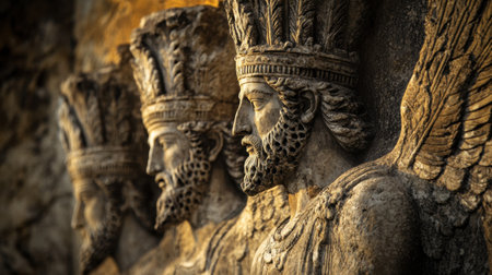 This captivating image features a stone relief of ancient Persian kings, intricately designed with wings and headdresses, capturing the essence of historical artistry.の素材