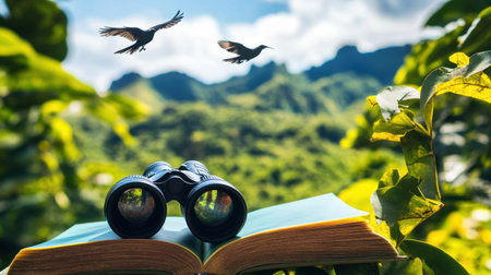A captivating scene featuring binoculars resting on an open book, surrounded by lush green leaves and birds soaring above, inviting viewers to explore the wonders of nature.の素材