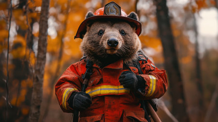 A charming wombat dressed in firefighter gear stands confidently in a colorful autumn forest, symbolizing courage and teamwork in environmental protection efforts.の素材