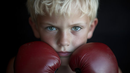 A captivating portrait of a young boy in boxing gloves, showcasing his striking blue eyes and intense expression, reflecting his determination and spirit in youth sports.の素材