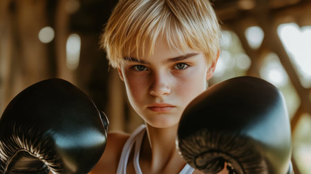 A young boxer stands in a rustic gym, focused and ready to train. His determined expression and boxing gloves signal dedication and readiness for the challenges in the sport.の素材