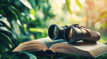 A close-up view of a pair of binoculars placed on an open book amidst vibrant green foliage, representing a theme of exploration and connection with nature.の素材