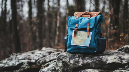 A vintage blue backpack rests on stone in a serene forest. A map peeks from the front pocket, invoking a sense of adventure and exploration in nature.の素材