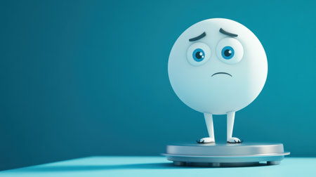 A lonely 3D character stands on a scale, looking sad and expressing emotions related to weight struggles. The minimalistic background enhances the focus on the character's feelings.の素材