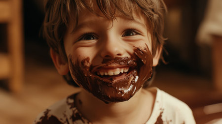 A joyful child with a cheerful smile covered in chocolate, enjoying a delightful and messy treat in a warm indoor atmosphere, capturing the essence of carefree childhood moments.の素材