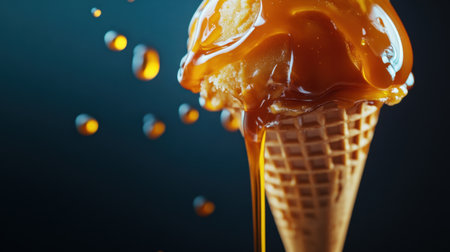 A tempting ice cream cone features a rich caramel syrup cascading down, surrounded by vibrant droplets, perfect for any food-related project or dessert showcase.の素材