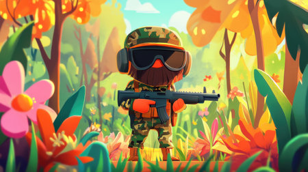 A playful cartoon soldier character in a colorful camouflage outfit stands confidently with a gun amidst vibrant flowers and lush greenery, showcasing a delightful and adventurous scene.の素材