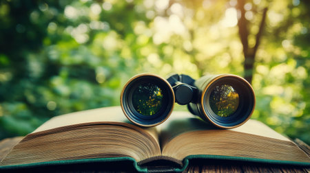 A captivating image of an open book with binoculars resting on its pages, symbolizing the pursuit of knowledge and a deep appreciation for nature in a vibrant green environment.の素材