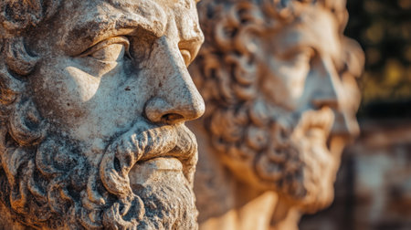 A magnificent close-up of ancient sculptures showcasing the intricate details and expressions of aristocratic figures, emphasizing the artistry and historical significance of stone craftsmanship.の素材