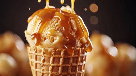 Capture the essence of a delightful ice cream cone featuring smooth caramel sauce. This enticing moment showcases sweetness and indulgence that tempts every dessert lover.の素材